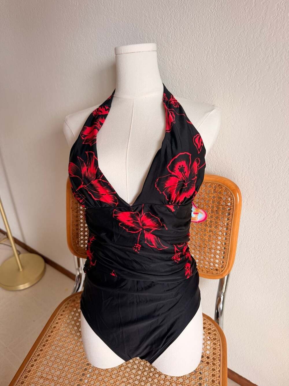 Ibiza Swimwear Red and Black Hibiscus Floral Halter One-Piece Swimsuit